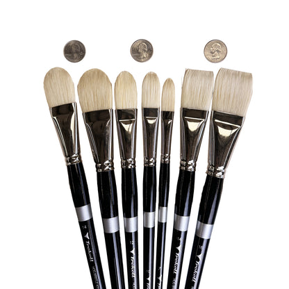 six paintbrushes with three coins next to them