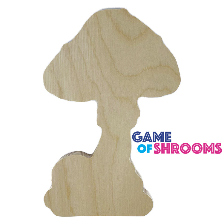 a mushroom made out of wood with game of shrooms next to it