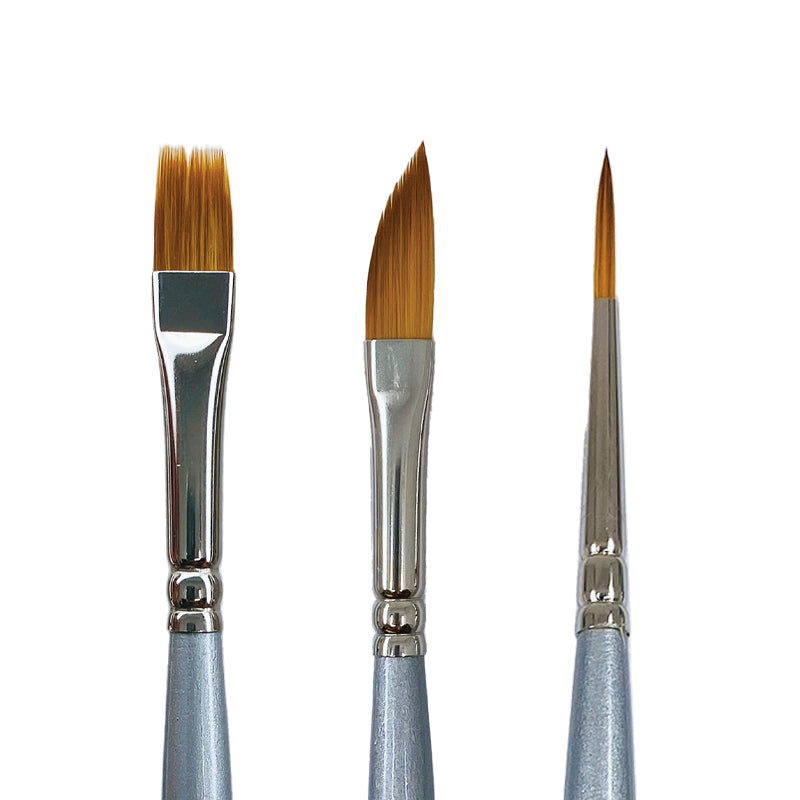 three different paint paint brushes lined up