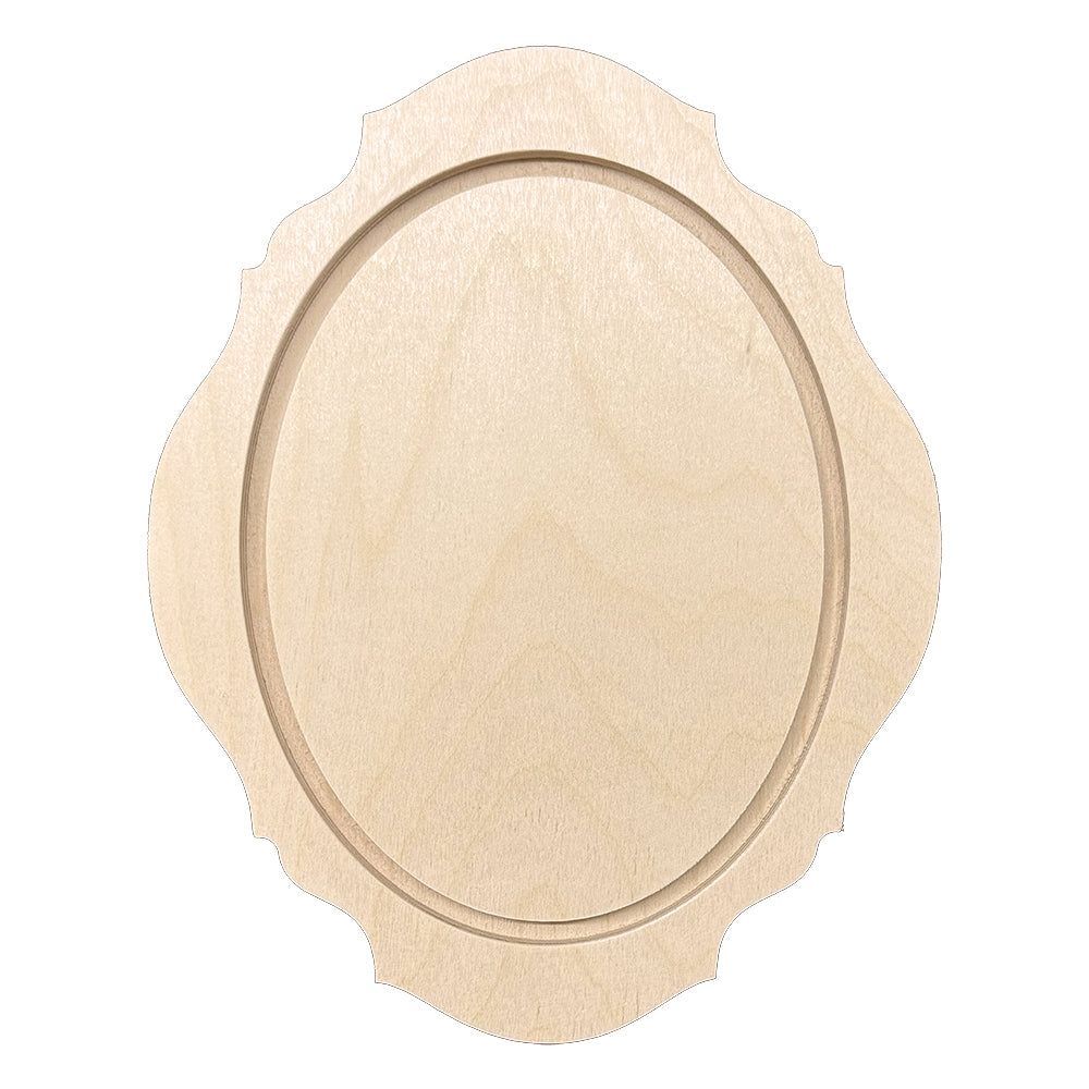 a wooden oval frame with a white background