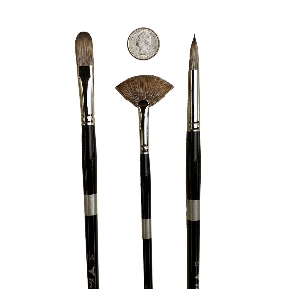 three paintbrushes with a coin next to them