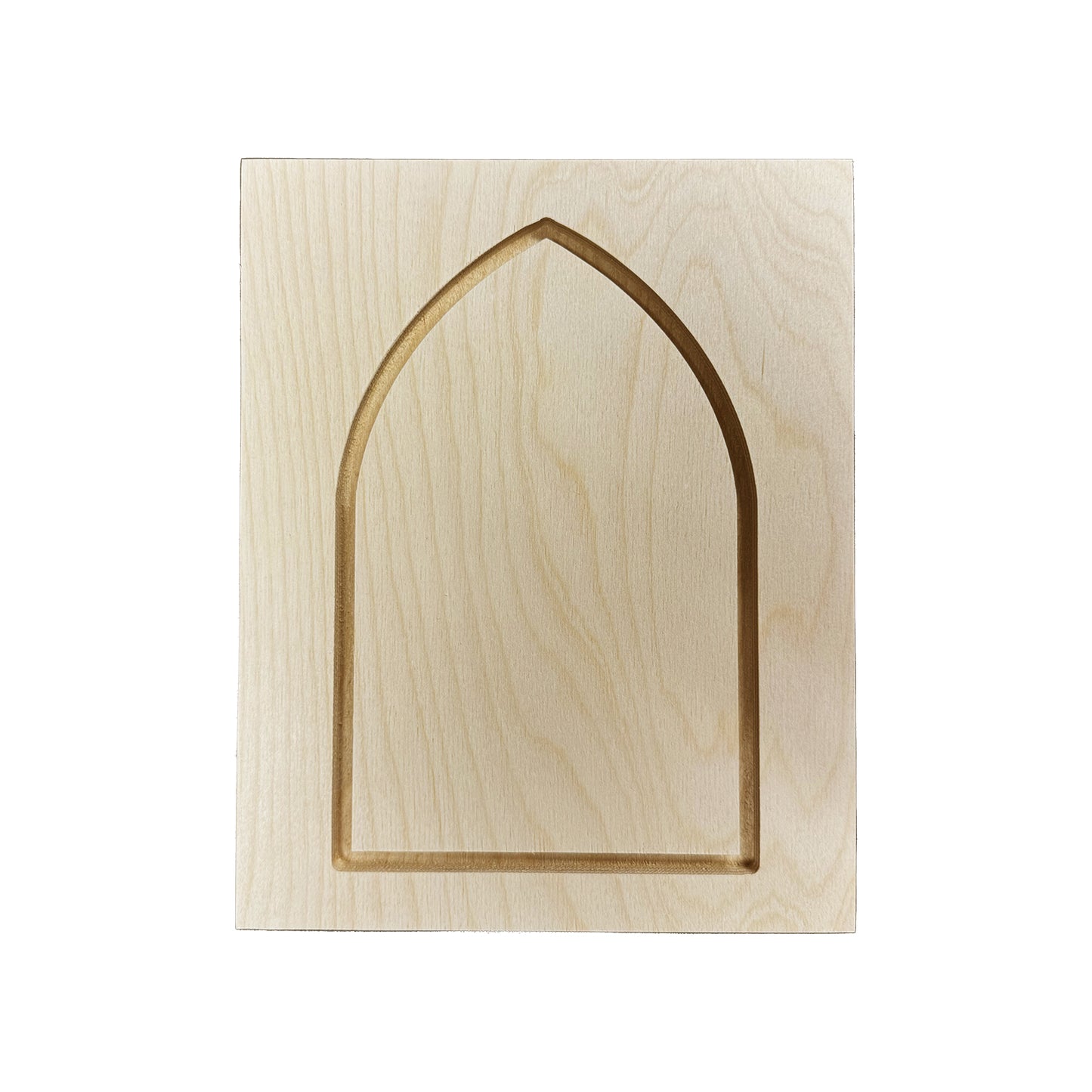 a wood canvas with a pointed arch shape