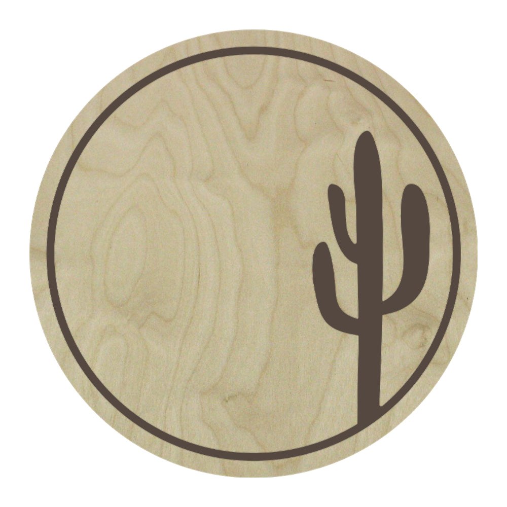 a cactus shaped wood canvas with a brown border